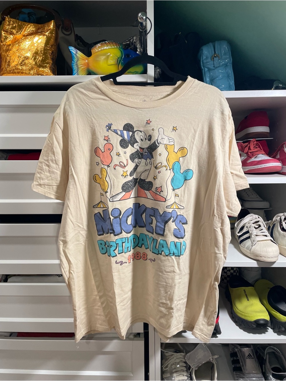 Disney Cream Mickey's Birthdayland Graphic Tee with Multicolor Print